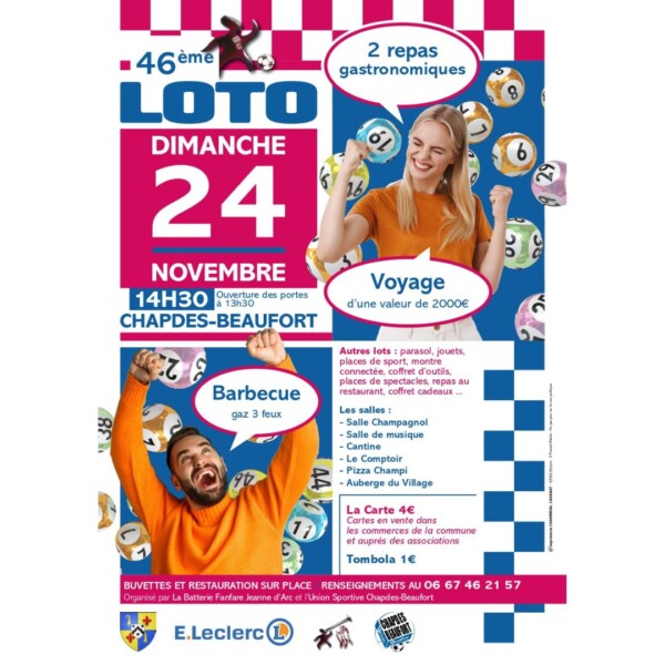 🥳DIMANCHE 24 NOVEMBRE🎶⚽️
🎱46ème Loto
📍Chapdes-Beaufort dans 6 salles en simultané
🕝Ouverture des portes 13h30 - Début du jeu 14h30